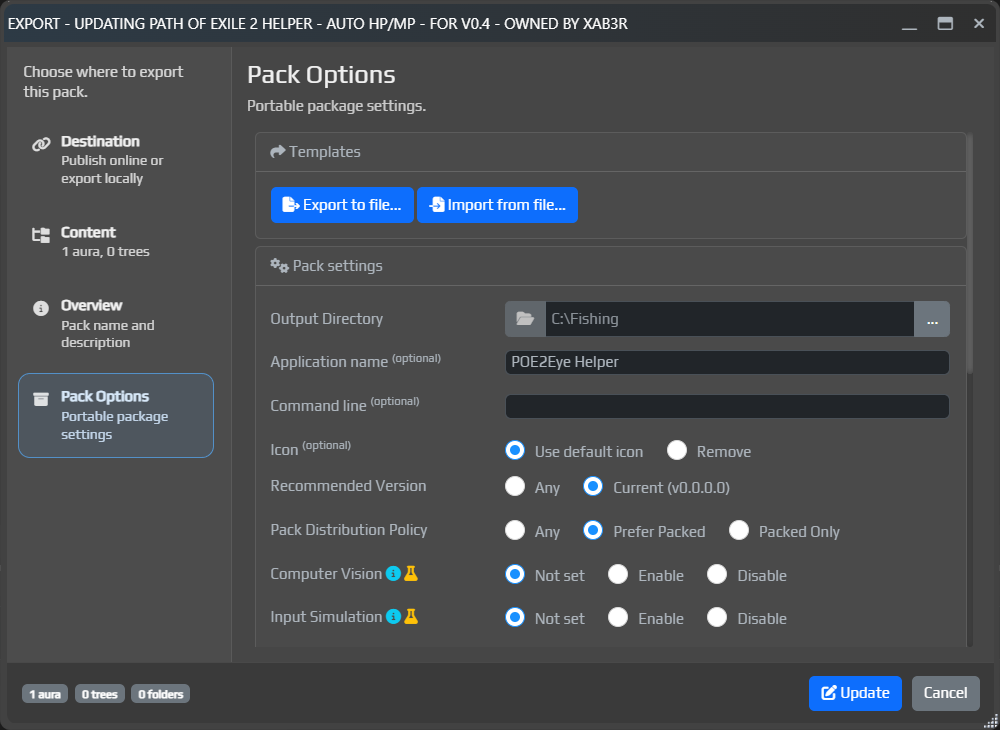 Editing pack settings during export